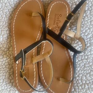 Safari Positano Italian Handmade Two-Tone Black and Tan Strappy Leather Sandals